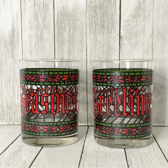 HOUZE Seasons Greetings Stained Glass Gold Rimmed Lowball Glass Tumbler Set - Picture 1 of 8